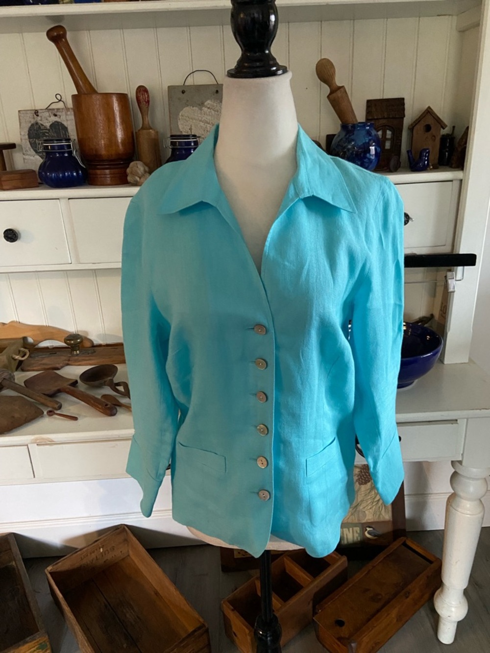 Turquoise Button-Front Linen Blazer